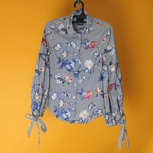 (P) Original Nanette Women button down shirt  S elegant flower pattern + stripes